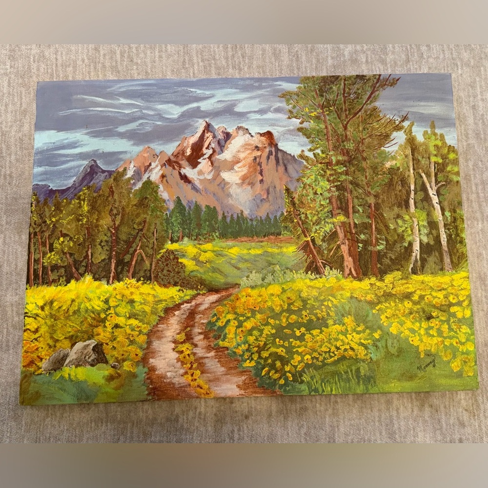 VTG Original Vibrant Mountain Pathway Oil Painting signed by Mommy